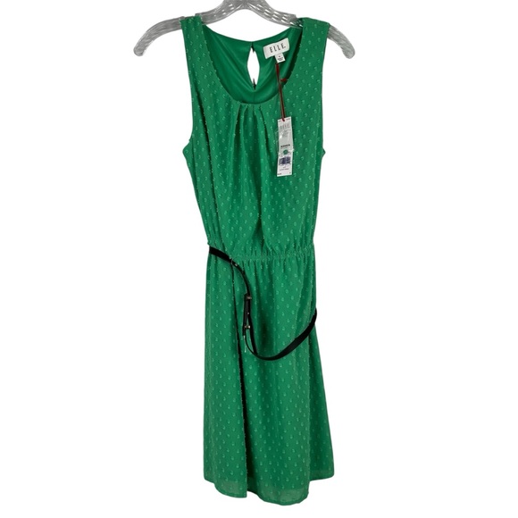 Elle Dress Women's 8 Green Belted Sleeveless Clip Dot Pleat Keyhole Lined - Picture 1 of 12